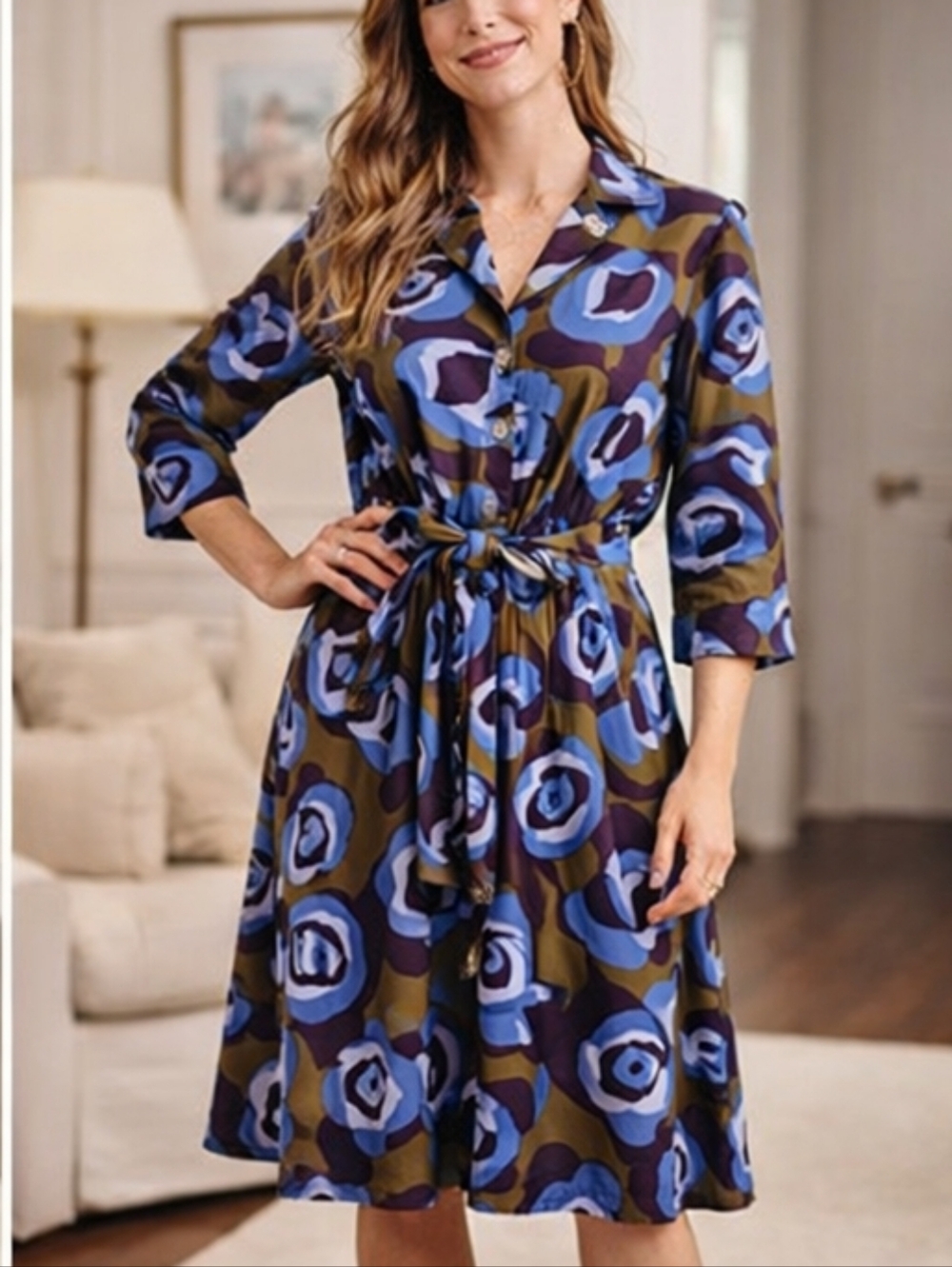 $35 WOW Lovely Boden Olive and Blue Abstract Floral Midi Dress